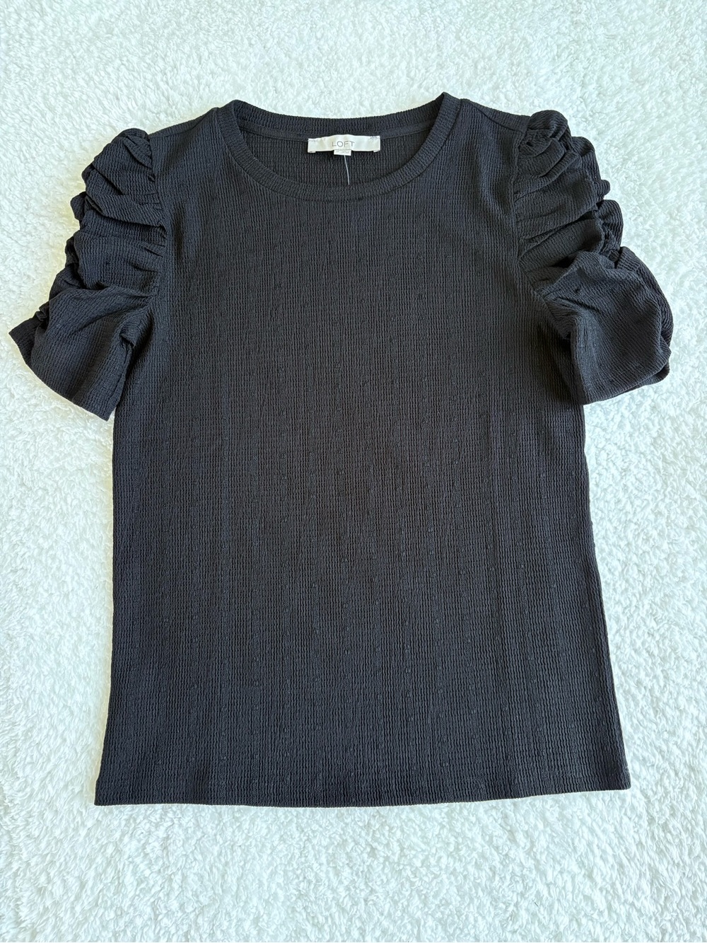LOFT Black Puff-Sleeve Short-Sleeve Knit Top - Size Medium